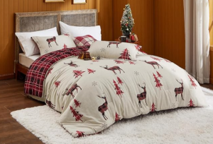 White Christmas bedding with red and green reindeer