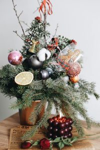 A tabletop live Christmas tree decorated with citrus slices and berries
